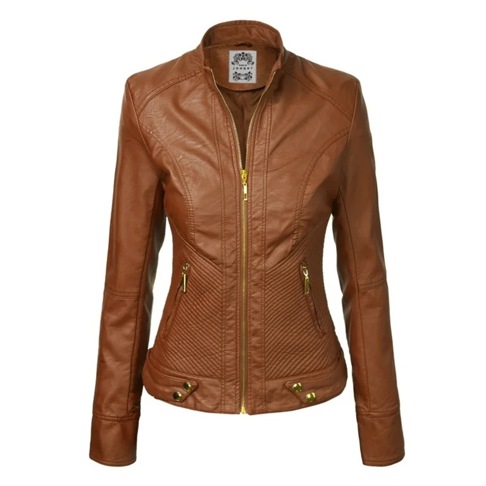Made by Johnny Women's Dressy Vegan Leather Camel Biker Jacket NWT